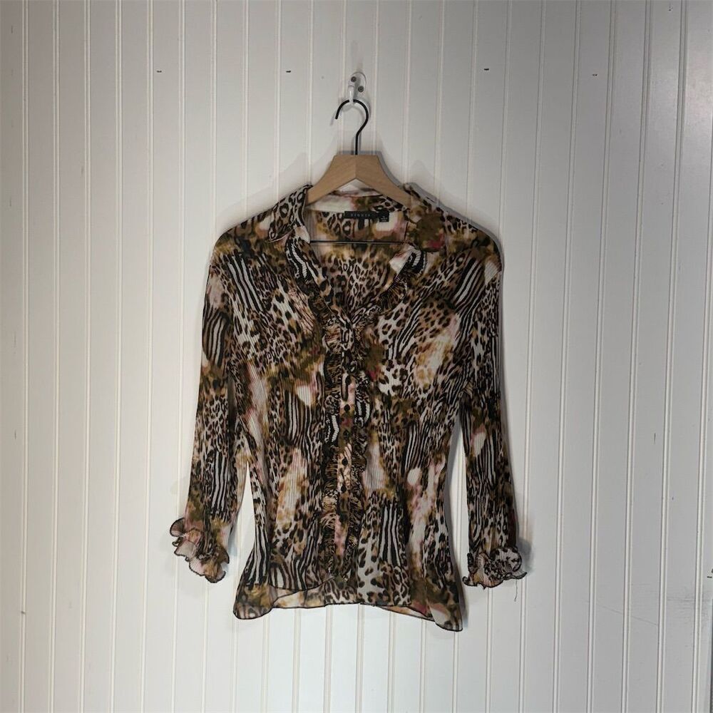 Sioni XL Sheer Ruffle Leopard Blouse Mesh Pleated Animal Print Y2K Top - Picture 1 of 6